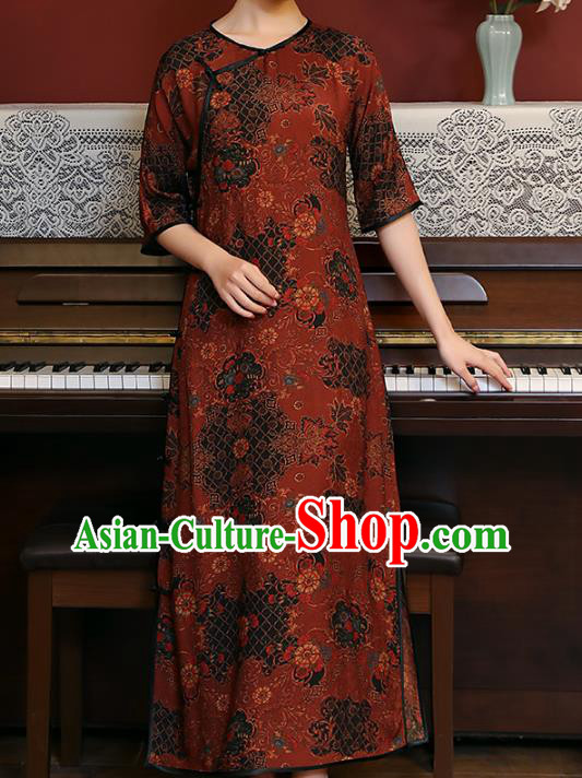Chinese Classical Dark Red Qipao Dress National Woman Costume Traditional Slant Opening Cheongsam