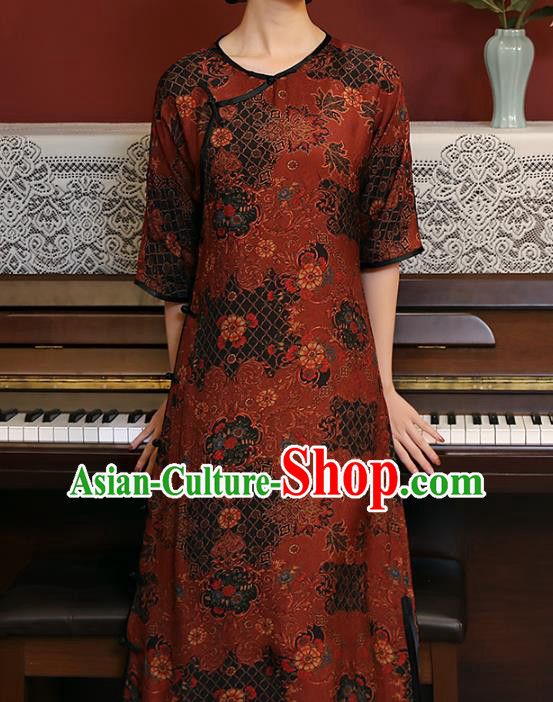 Chinese Classical Dark Red Qipao Dress National Woman Costume Traditional Slant Opening Cheongsam