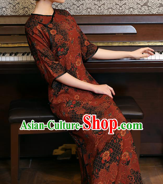 Chinese Classical Dark Red Qipao Dress National Woman Costume Traditional Slant Opening Cheongsam