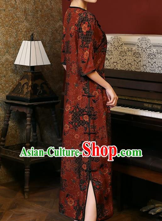 Chinese Classical Dark Red Qipao Dress National Woman Costume Traditional Slant Opening Cheongsam