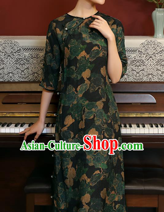 Chinese National Woman Costume Traditional Printing Clouds Cheongsam Classical Qipao Dress