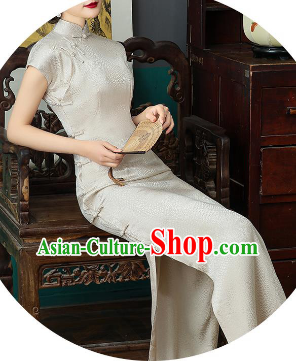 Chinese National Costume Beige Tencel Qipao Dress Traditional Slim Cheongsam Clothing