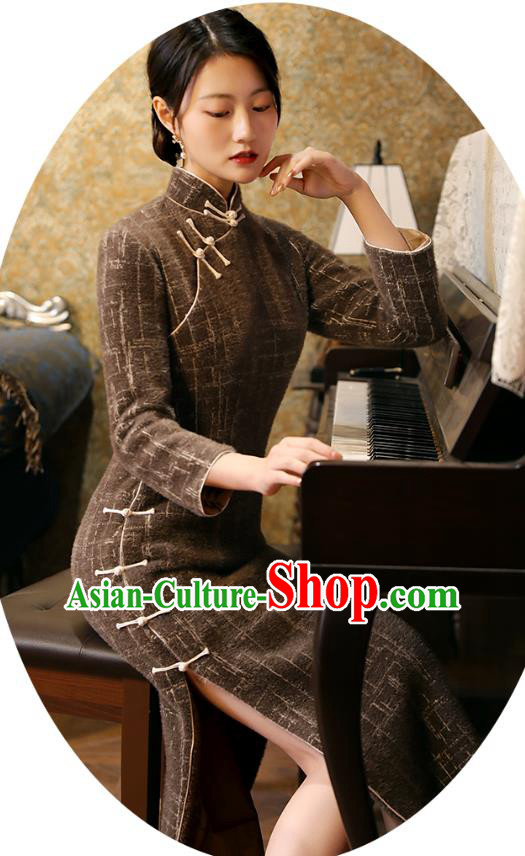 Chinese Traditional Winter Cheongsam National Young Lady Costume Classical Brown Mink Hair Qipao Dress