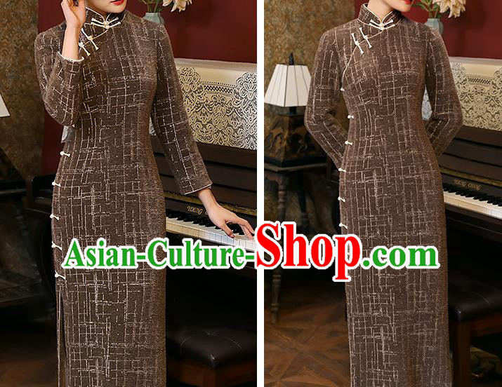 Chinese Traditional Winter Cheongsam National Young Lady Costume Classical Brown Mink Hair Qipao Dress