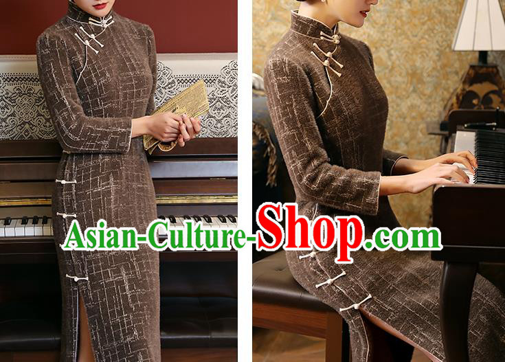 Chinese Traditional Winter Cheongsam National Young Lady Costume Classical Brown Mink Hair Qipao Dress