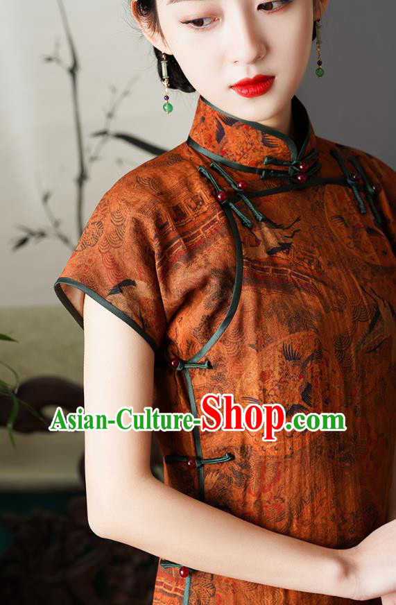 Chinese Traditional Printing Orange Cheongsam National Young Lady Costume Classical Tencel Qipao Dress