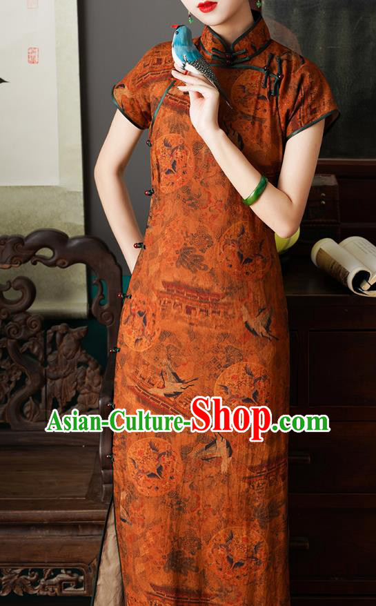 Chinese Traditional Printing Orange Cheongsam National Young Lady Costume Classical Tencel Qipao Dress