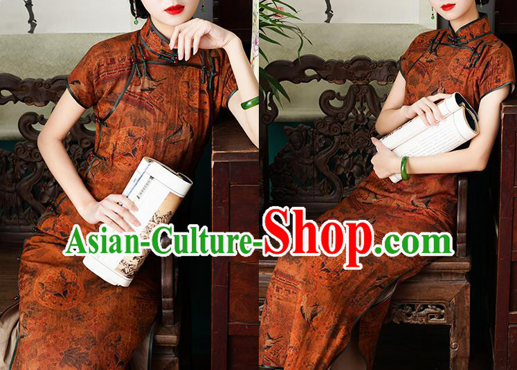 Chinese Traditional Printing Orange Cheongsam National Young Lady Costume Classical Tencel Qipao Dress
