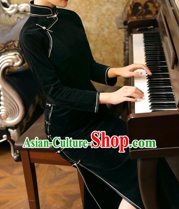 Chinese Traditional Black Velvet Cheongsam Classical Qipao Dress National Shanghai Woman Costume