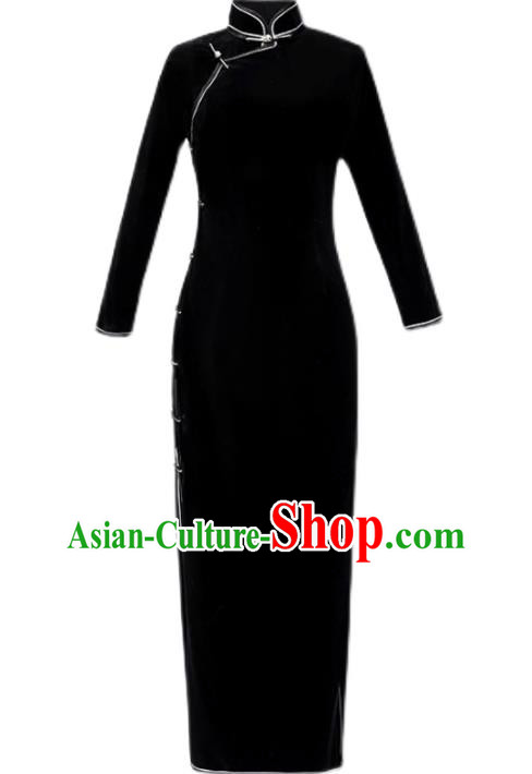 Chinese Traditional Black Velvet Cheongsam Classical Qipao Dress National Shanghai Woman Costume