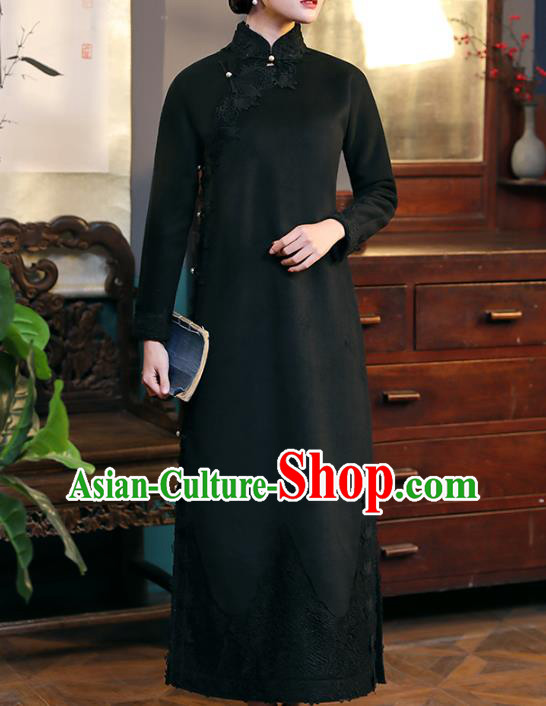 Chinese Classical Lace Qipao Dress National Shanghai Woman Costume Traditional Black Woolen Cheongsam