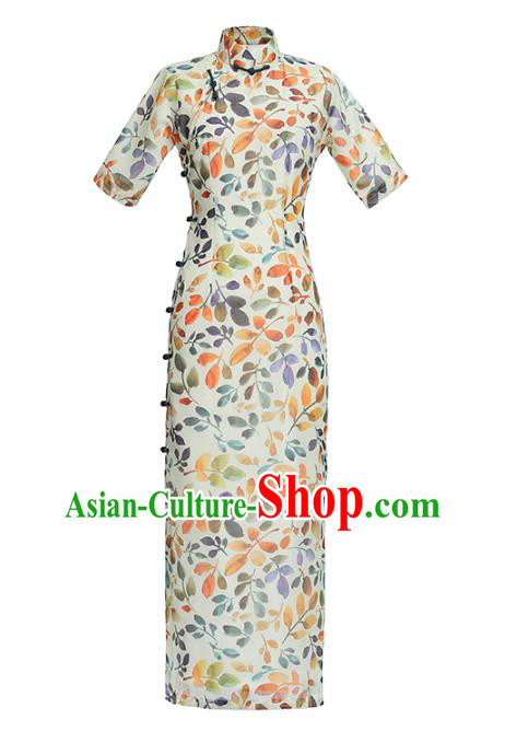 Chinese National Shanghai Beauty Costume Printing Leaf Tencel Qipao Dress Traditional Slim Cheongsam