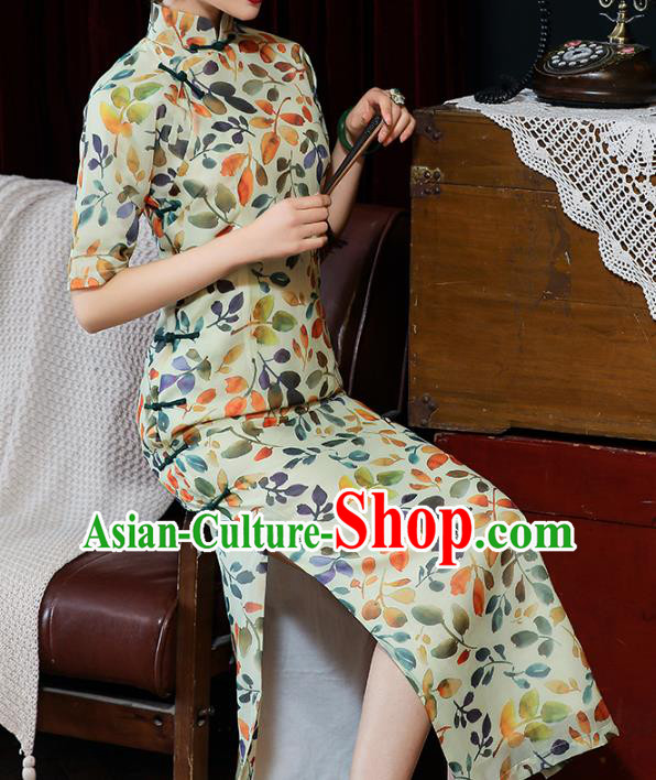 Chinese National Shanghai Beauty Costume Printing Leaf Tencel Qipao Dress Traditional Slim Cheongsam