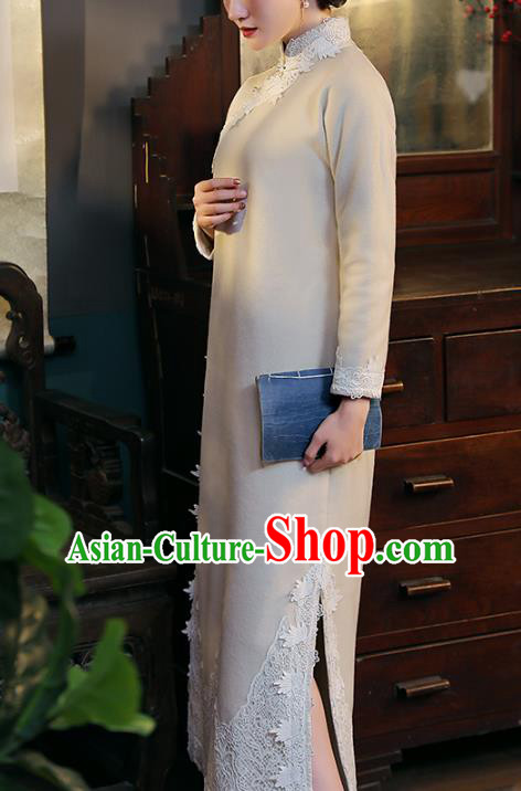 Chinese National Shanghai Woman Costume Traditional Beige Woolen Cheongsam Classical Lace Qipao Dress