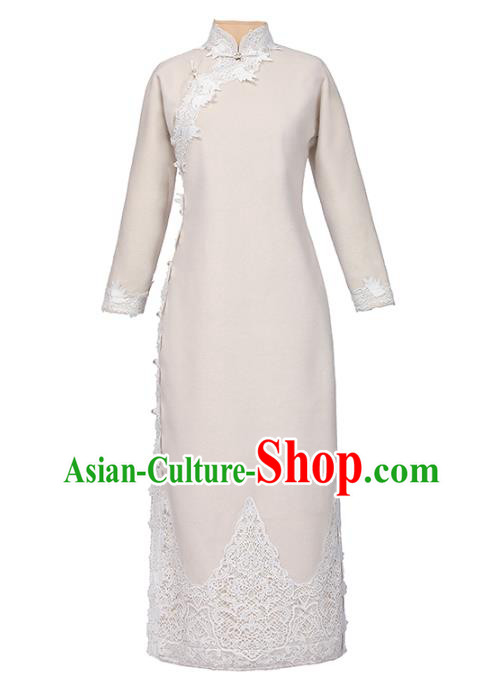 Chinese National Shanghai Woman Costume Traditional Beige Woolen Cheongsam Classical Lace Qipao Dress