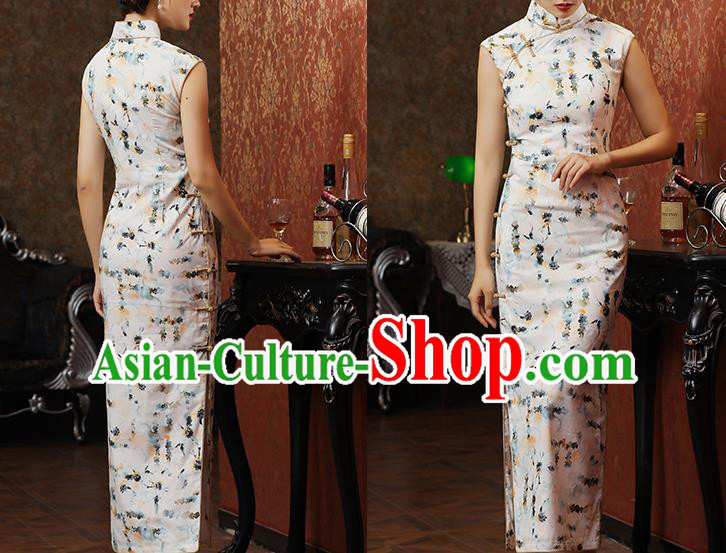Chinese Classical Stand Collar Qipao Dress National Tang Suit Costume Traditional Ink Painting Lotus White Cheongsam