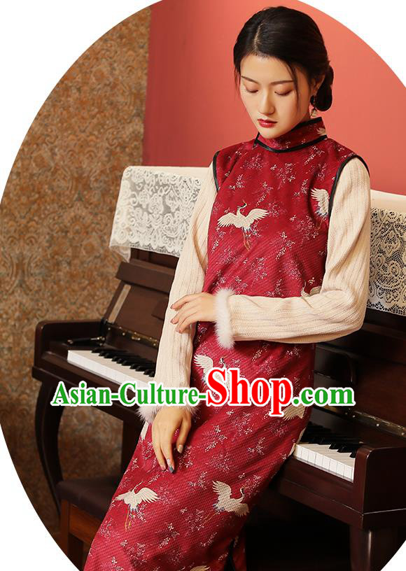 Chinese Classical Cranes Pattern Red Qipao Dress National Rich Lady Costume Traditional Winter Cheongsam