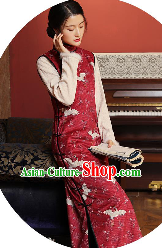 Chinese Classical Cranes Pattern Red Qipao Dress National Rich Lady Costume Traditional Winter Cheongsam