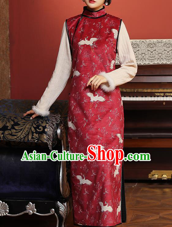Chinese Classical Cranes Pattern Red Qipao Dress National Rich Lady Costume Traditional Winter Cheongsam