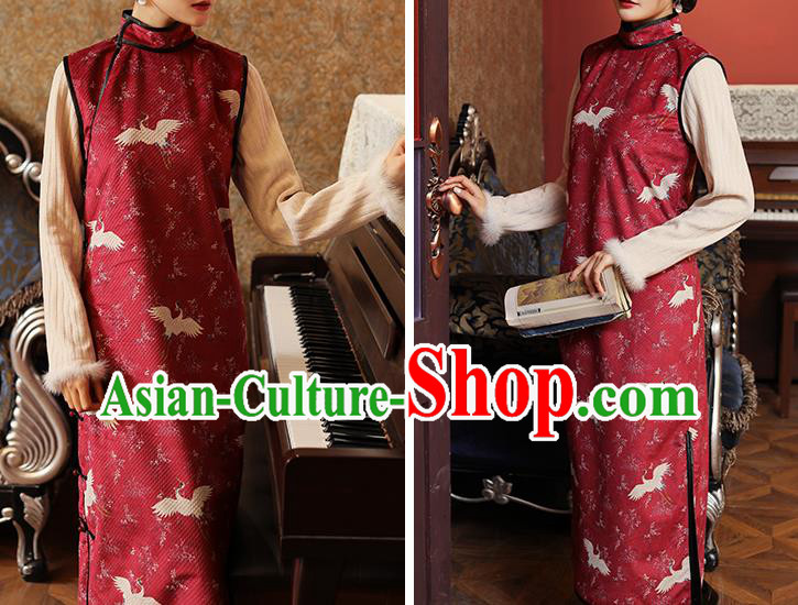Chinese Classical Cranes Pattern Red Qipao Dress National Rich Lady Costume Traditional Winter Cheongsam