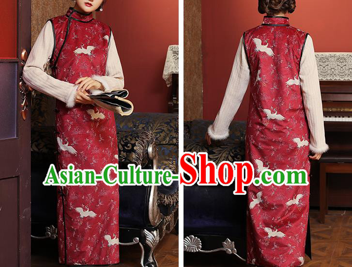 Chinese Classical Cranes Pattern Red Qipao Dress National Rich Lady Costume Traditional Winter Cheongsam
