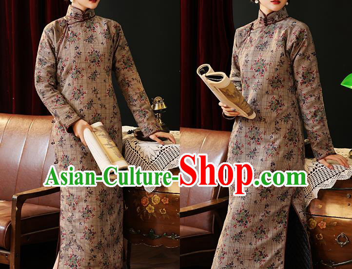 Chinese National Young Woman Costume Traditional Winter Cheongsam Classical Khaki Qipao Dress