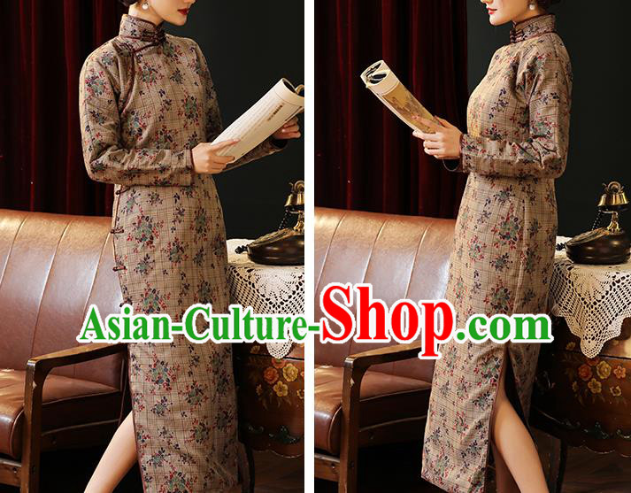 Chinese National Young Woman Costume Traditional Winter Cheongsam Classical Khaki Qipao Dress