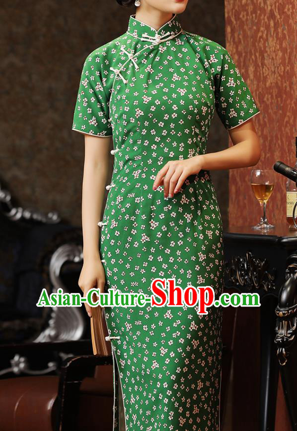 Chinese Traditional Printing Green Cheongsam Classical Qipao Dress National Civilian Lady Costume