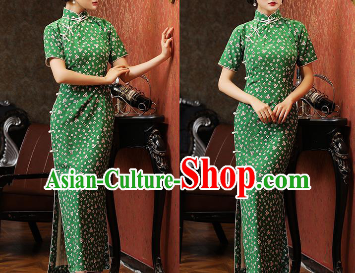 Chinese Traditional Printing Green Cheongsam Classical Qipao Dress National Civilian Lady Costume