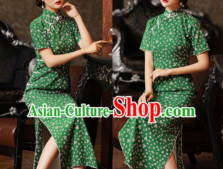 Chinese Traditional Printing Green Cheongsam Classical Qipao Dress National Civilian Lady Costume
