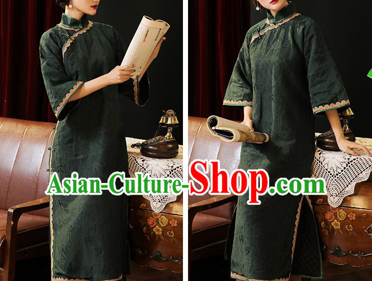 Chinese Traditional Dark Green Cheongsam Classical Wide Sleeve Qipao Dress National Rich Mistress Costume