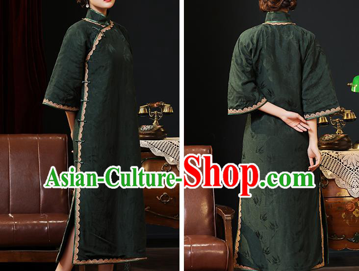 Chinese Traditional Dark Green Cheongsam Classical Wide Sleeve Qipao Dress National Rich Mistress Costume