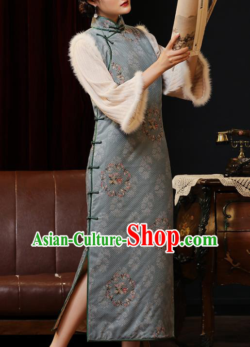 Chinese Classical Winter Qipao Dress National Shanghai Woman Costume Traditional Printing Cotton Wadded Cheongsam