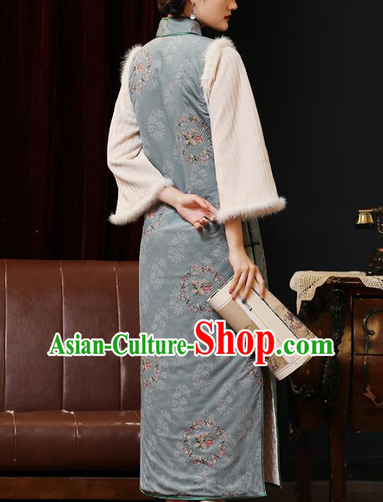 Chinese Classical Winter Qipao Dress National Shanghai Woman Costume Traditional Printing Cotton Wadded Cheongsam