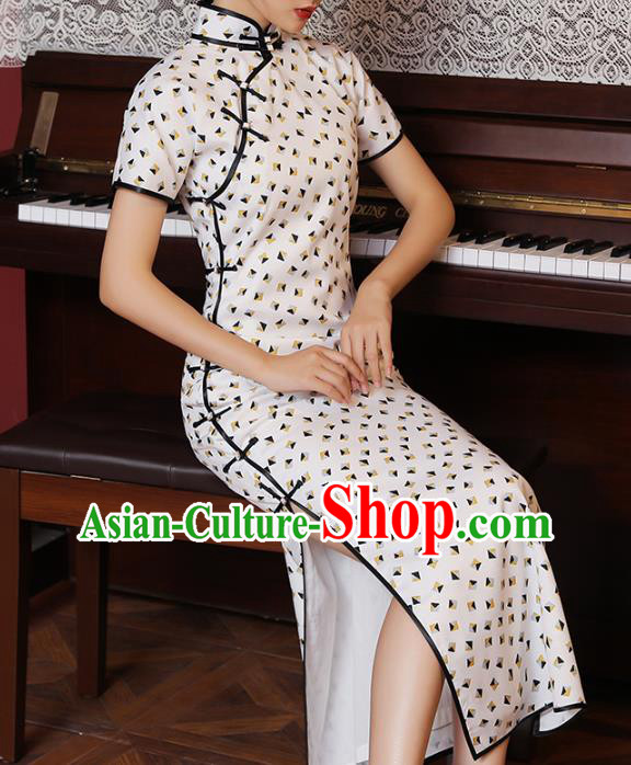 Chinese Classical White Chiffon Qipao Dress National Shanghai Costume Traditional Printing Cheongsam