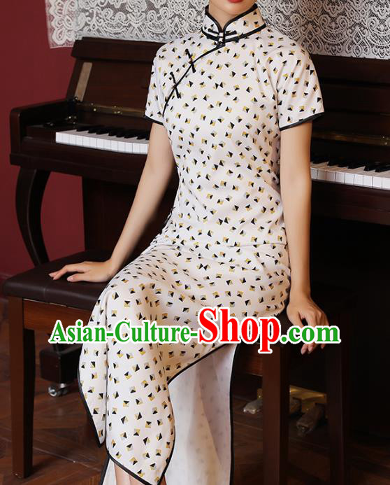 Chinese Classical White Chiffon Qipao Dress National Shanghai Costume Traditional Printing Cheongsam