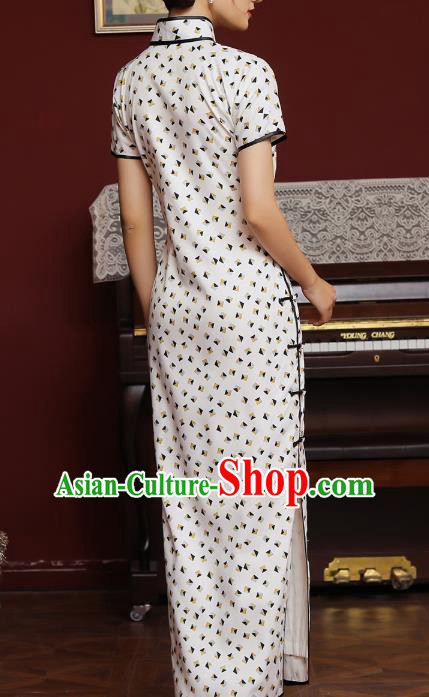 Chinese Classical White Chiffon Qipao Dress National Shanghai Costume Traditional Printing Cheongsam