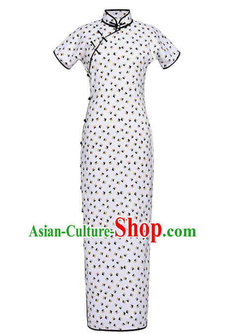 Chinese Classical White Chiffon Qipao Dress National Shanghai Costume Traditional Printing Cheongsam