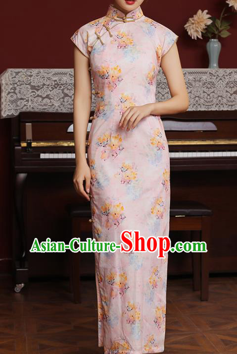 Chinese Traditional Printing Pink Cheongsam Classical Qipao Dress National Shanghai Woman Costume