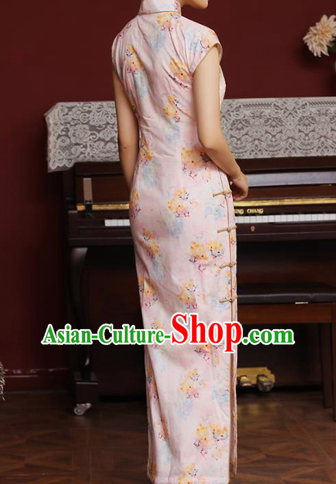 Chinese Traditional Printing Pink Cheongsam Classical Qipao Dress National Shanghai Woman Costume