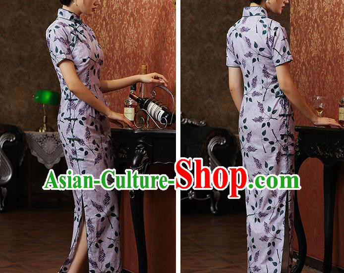 Chinese Traditional Printing Violet Cheongsam Classical Qipao Dress National Shanghai Lady Costume