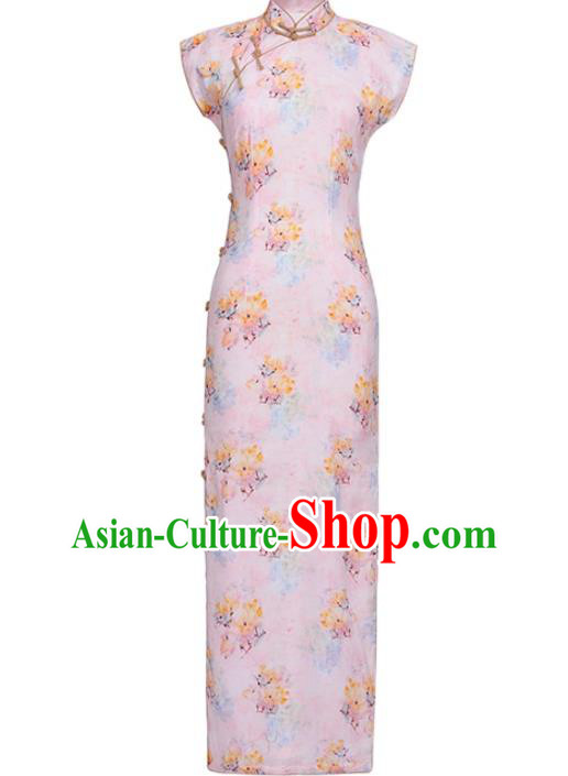 Chinese Traditional Printing Pink Cheongsam Classical Qipao Dress National Shanghai Woman Costume