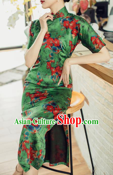 Republic of China Classical Printing Green Cheongsam Traditional Gambiered Guangdong Gauze Qipao Dress Costume