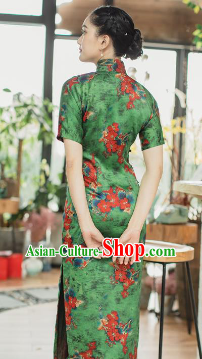Republic of China Classical Printing Green Cheongsam Traditional Gambiered Guangdong Gauze Qipao Dress Costume