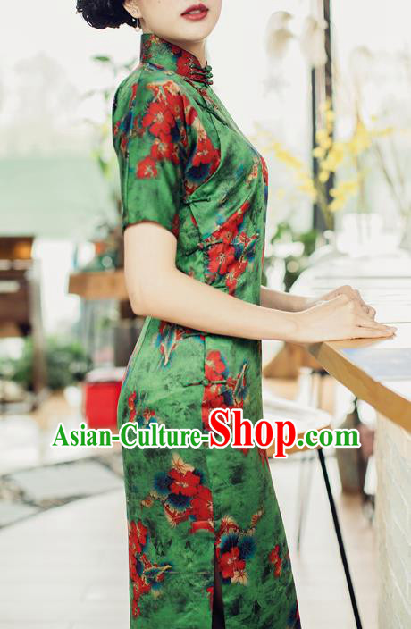 Republic of China Classical Printing Green Cheongsam Traditional Gambiered Guangdong Gauze Qipao Dress Costume