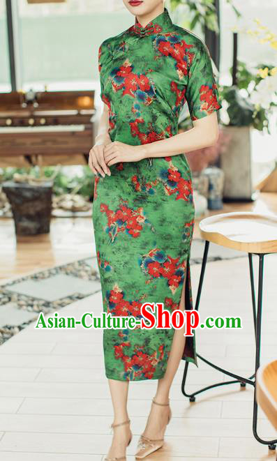 Republic of China Classical Printing Green Cheongsam Traditional Gambiered Guangdong Gauze Qipao Dress Costume