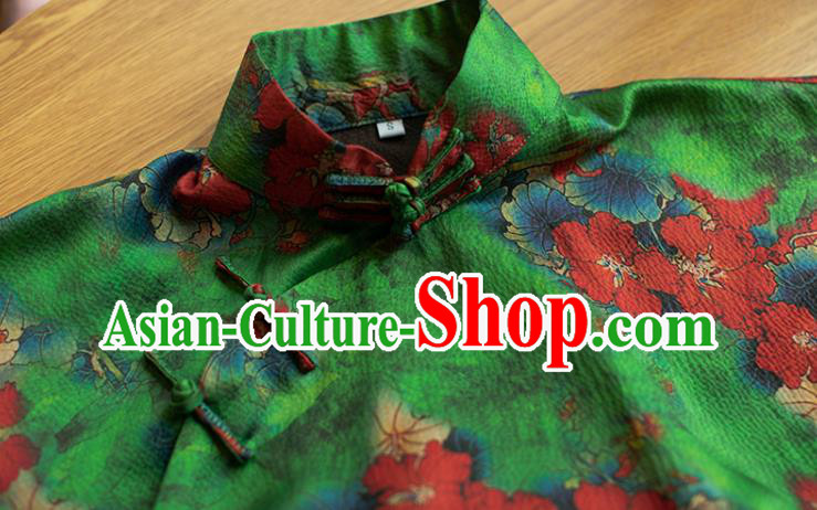 Republic of China Classical Printing Green Cheongsam Traditional Gambiered Guangdong Gauze Qipao Dress Costume