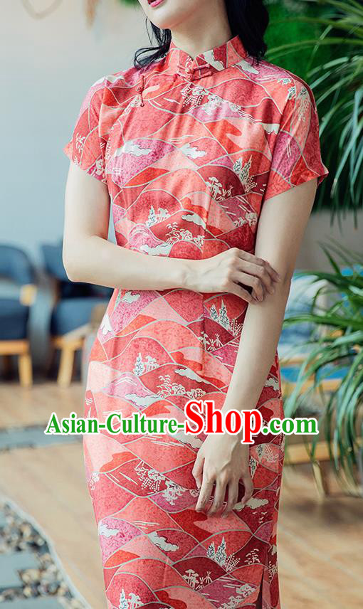 Republic of China Classical Printing Cheongsam Traditional Young Lady Red Qipao Dress Costume