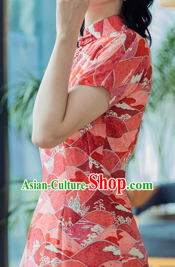 Republic of China Classical Printing Cheongsam Traditional Young Lady Red Qipao Dress Costume