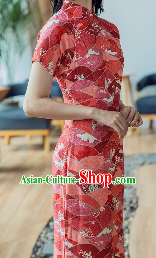 Republic of China Classical Printing Cheongsam Traditional Young Lady Red Qipao Dress Costume